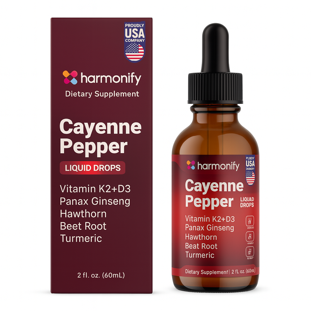 HARMONIFY Cayenne Pepper Liquid Drops with Vitamin D3 & K2, Hawthorn, Beet Root, Turmeric, Panax Ginseng, Berberine & Ceylon Cinnamon - Quality Supplement for Daily Wellness - 2 fl oz (60mL)
